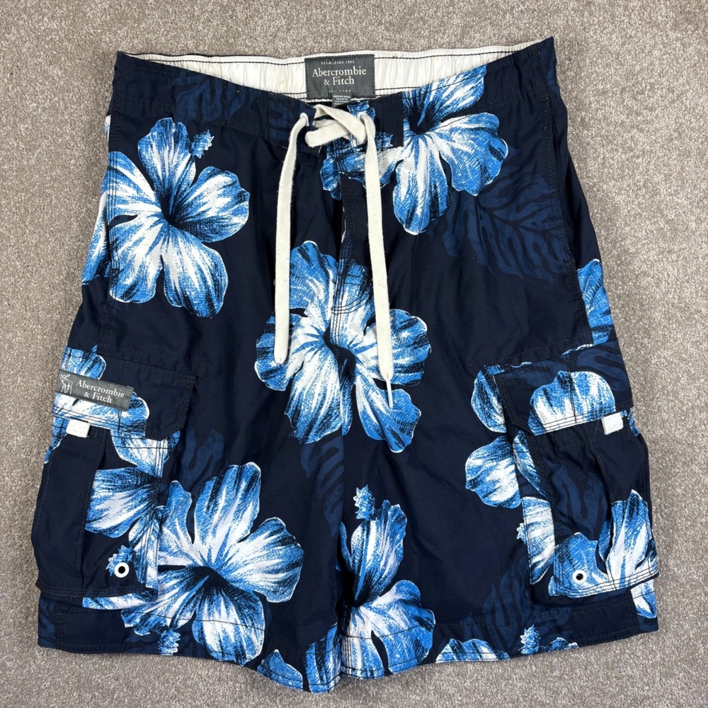 Abercrombie & Fitch Mens XL Swim Trunks Navy Blue Hibiscus Floral Cargo Shorts